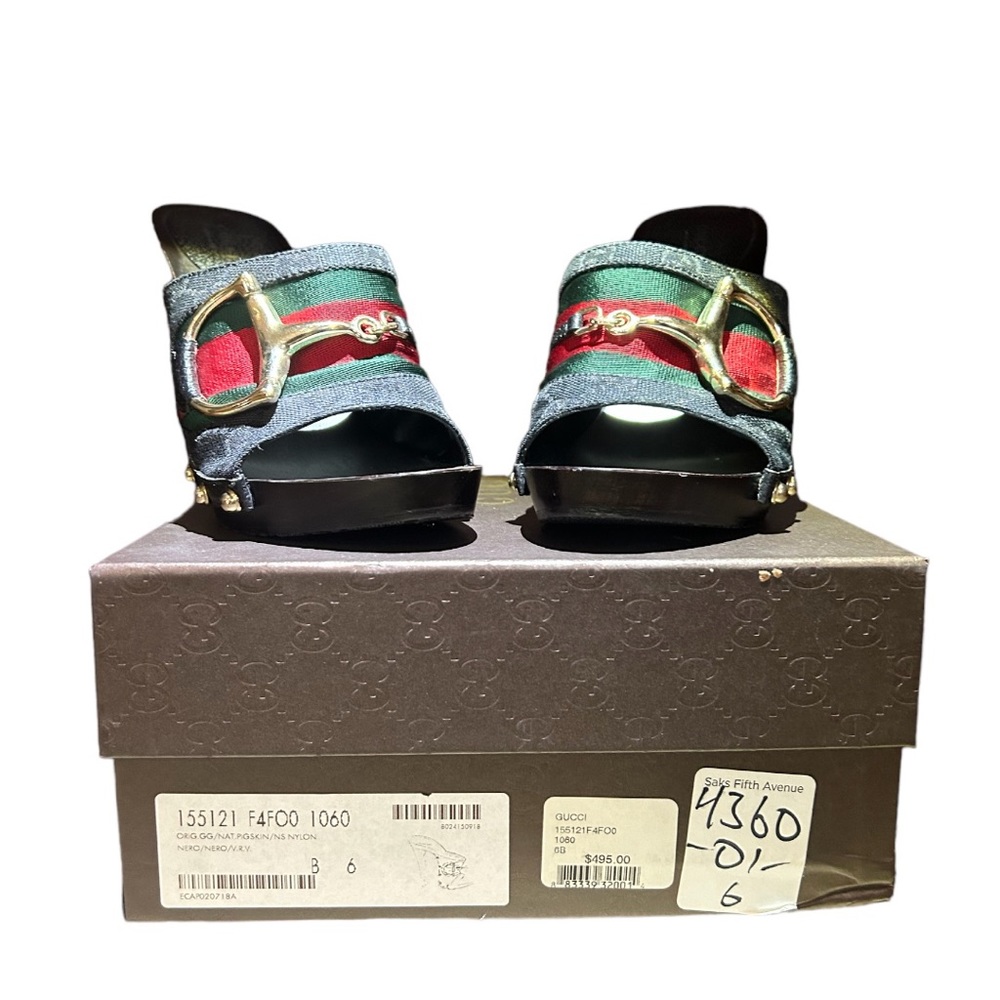Gucci Black GG Horsebit Open Toe Slide Heels. Black GG red/green stripe.